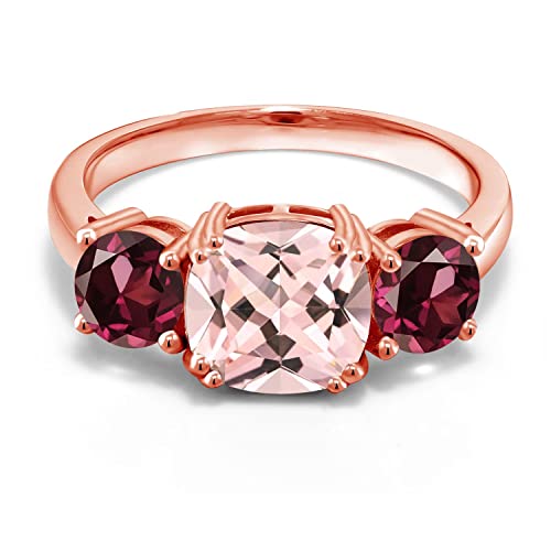 18K Rose Gold Plated Silver Peach Nano Morganite and Red Rhodolite Garnet 3 Stone Engagement Ring For Women (3.20 Cttw, Gemstone October Birthstone, Cushion 8MM, Available in Size 5,6,7,8,9)3
