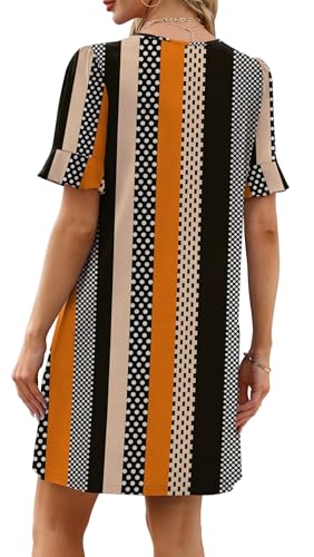 Image of OFEEFAN Summer Dresses for Women Ruffle Short Sleeve V Neck Casual Shift Dress with Pockets