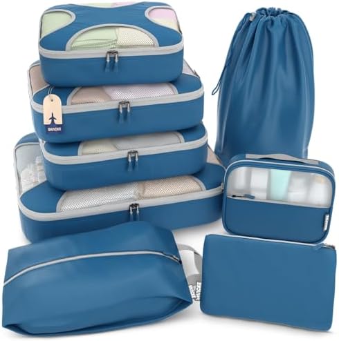 Shacke Premium 8 Packing Cubes Set - Lightweight Mesh Travel Luggage Organizers with Laundry Bag, 8-Piece Suitcase Storage System (Black) 8