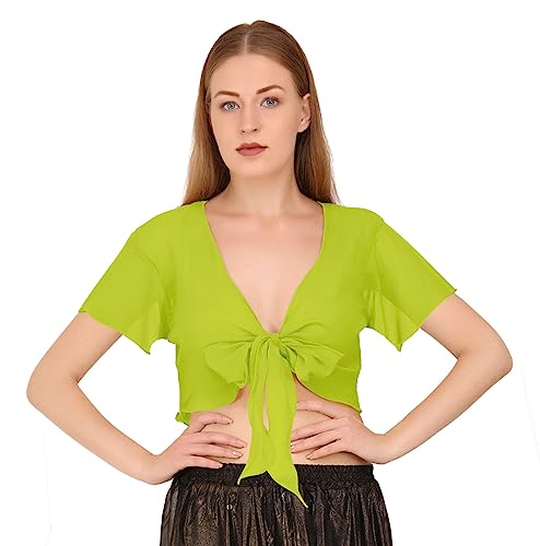 Image of Indian Trendy Women's Chiffon Short Sleeve Tie Top Choli Blouse Belly Dance Gypsy Tie Front Cardigan Tops