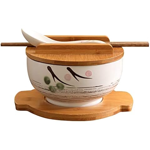 NINGWANG 1000Ml Ceramic Noodle Bowl Spoon Bowl Mat with Cover Noodle Bowl Korean Soup Bowl Rice Bowl Cutlery Set White Cover