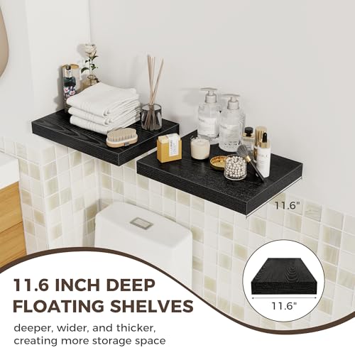Image of Fun Memories 12 Inch Deep Floating Shelves, 16 x 12 Wooden Wall Shelves, Extra Deeper & Thicker Rustic Wall Mounted Storage Shelf for Fireplace, Living Room, Kitchen, Farmhouse, Black - 2Pack