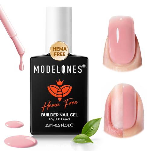 Image of modelones Builder Nail Gel Peachy Pink HEMA-Free Builder Color Gel Polish | 8-in-1 Jelly Pink Rubber Base Gel Polish Strengthener for Nail Extension, Natural Apex, Self-Leveling, U /V Cured Home Salon