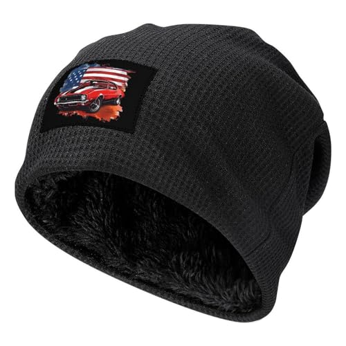American Muscle Car Flag Fleece Lined Men Beanie Hat Knit Skull Cap Winter Warm Stocking Hats for Women Black-style-27