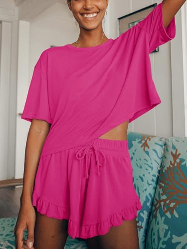 Image of Tankaneo Womens 2 Piece Shorts Set Summer Casual Short Sleeve T Shirts Drawstring Ruffle Shorts Pajamas Lounge Set