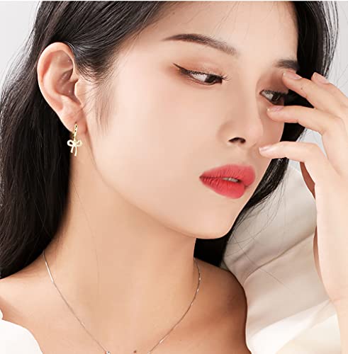 Reffeer Solid 925 Sterling Silver Bow Drop Hoop Earrings for Women Teens Bowknot Hoop Earrings Huggie Ribbon Earrings2