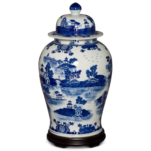China Furniture and Arts 23.5 Inch Blue & White Scenery Motif Porcelain Ginger Jar