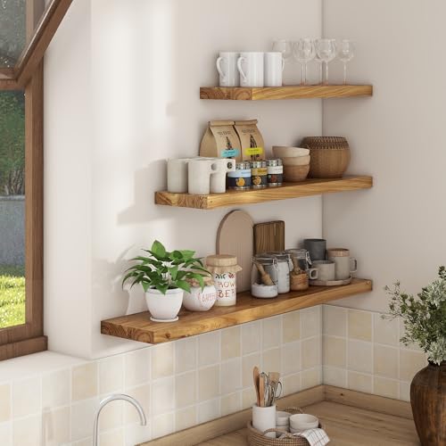 Image of Floating Shelves for Wall, 36in Reclaimed Elm Wood Shelves, Natural, 2PCs