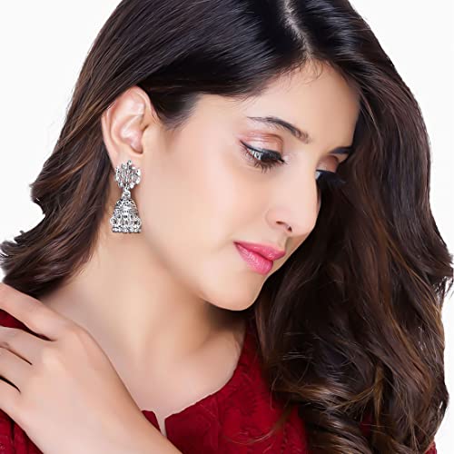 Image of Yellow Chimes Earrings for Women & Girls | Traditional Silver Oxidised Jhumka | German Silver Oxidized Drop Earring Set | Earrings Combo | Accessories Jewellery | Birthday & Anniversary Gift