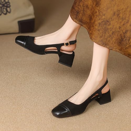 Escarpins slingback en daim noir et marron à talon carré