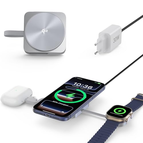 RoRoSkin Mag-Safe Charger for Apple Watch and iPhone Charging Station 3-in-1 Inductive Charging Station Travel Wireless Charger Compatible with iPhone 17/16/15/14/13/12, Apple Watch 10/9, AirPods Pro
