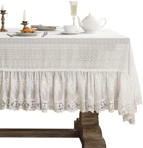 patdrea French Lace Tablecloth Cotton White Rectangle Square Table Cloth Fall Christmas Washable Table Cover for Wedding Party Event Banquet Kitchen Picnic Camping Dining Decor 55" x 71"
