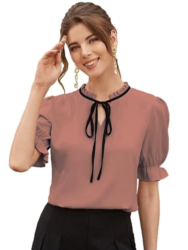 Image of Stylistico Soft Polyester Formal Stylish tie-up Office Solid Western Summer Short v-Neck Casual Plain Puff Half Sleeves Tops for Women Latest