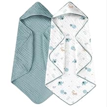 Yoofoss Hooded Baby Towels for Newborn 2 Pack 100% Muslin Organic Cotton Baby Bath Towel with Hood for Babies, Infant, Toddler and Kids, 32x32Inch, Soft and Absorbent Newborn Essential,Blue Elephant