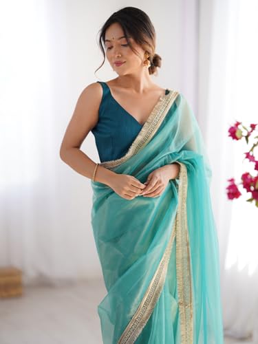 Image of AKHILAM Women's Shimmer Net Solid Saree With Unstitched Blouse Piece