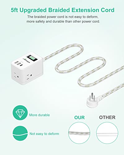 Alitayee Power Strip With Usb,Travel Power Strip With 3 Outlets 3 Usb Ports(Type-C And 2 Type-A) 5V 3.1A 15.5W Fast Charging,Flat Plug And 5Ft Braided Extension Cord For Travel Home Office Etl Listed #TOP7