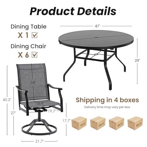 Image of Soohow 7-Piece Outdoor Dining Set, Round Table Patio Dining Set for 6, 6 x Swivel Patio Chairs and 1 x 47 Round Outdoor Dining Table, for Poolside, Backyard and Proch