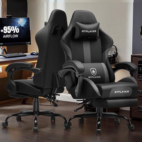 Image of GTPLAYER Gaming Chair with Pocket Spring Cushion, Leather Office Chair with Ergonomic High Back & Lumbar Support for Back Pain Relief, Computer Game Chair for Adults, Gray