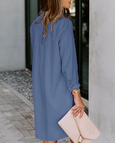 Image of Aoudery Womens Button Down Shirt Dresses with Pockets Cotton Button Up Tunics Long Sleeve Solid High Low Blouse Tops