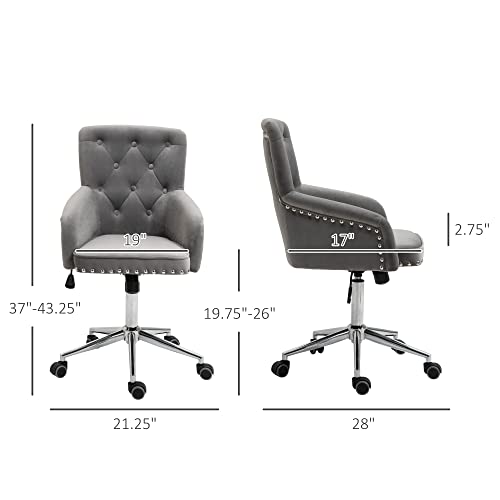 Homcom Modern Mid-Back Desk Chair With Button Tufted Velvet Back, Nailhead Trim, Swivel Home Office Chair With Adjustable Height, Curved Padded Armrests, Grey #TOP2