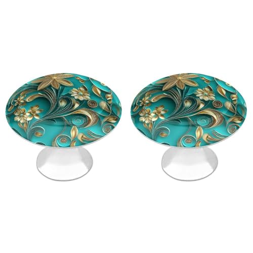 Teal and Gold Floral Turquoise Pattern Round Drawer Cabinet Knobs