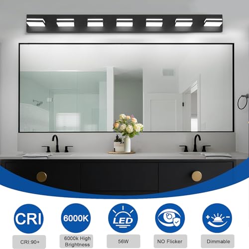 Image of IZORRO LED Modern Bathroom Lights Fixtures(7-Light,Dimmable,360Rotate),Matte Black Acrylic Wall Lighting,Vanity Lights for Bathroom Over Mirror - 6000k 40In (No Assembly Required)