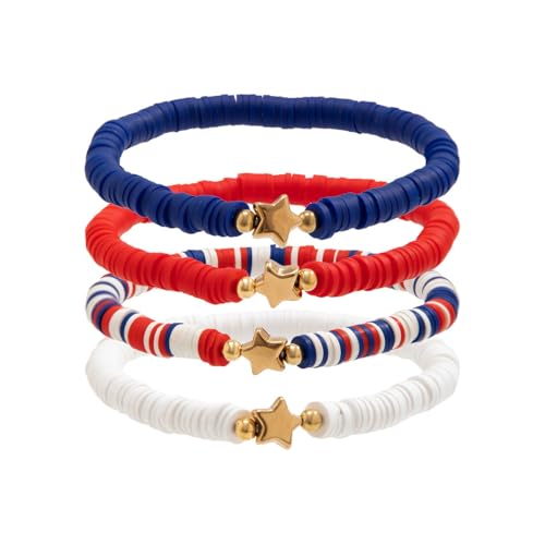 4th of July Summer Beach Heishi Surfer Bracelets Set for Women America Patriotic Flag Clay Beaded Stretch Bracelet Red White Blue Star Stackable Charm Bangle Independence Day Gifts