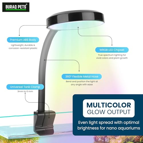 Image of BURAQ N6 Multicolor Aquarium LED Light 2.5W | WRGB Spectrum | 3 Lighting Modes | 360 Flexible Arm | Clip-On Lamp for Nano Fish Tanks & Bowls