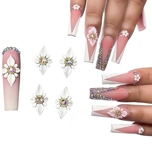 Set 10Pcs 3D Poinettia Flower -Nail Art Charms Handmade by Acrylic Powder Design Nail Art Floral Salon Decor, 3D -Flowers -Nails -Charms With Rhinestone Gems -For Women Girls (White 10 Pcs)