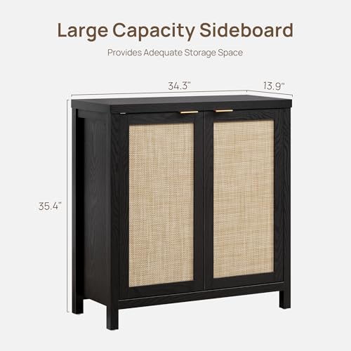 SICOTAS Sideboard Buffet Storage Cabinet - Boho Rattan Credenza Coffee Bar Cabinet with Large Storage, Farmhouse Console Buffet Table for Kitchen Living Room Entryway - 2 Black Pieces - Thumbnail 2