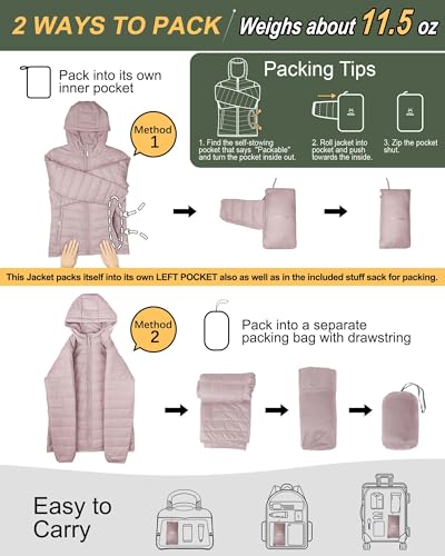 Image of Outdoor Ventures Women's Packable Lightweight Full-Zip Puffer Jacket with Hood Quilted Winter Coat