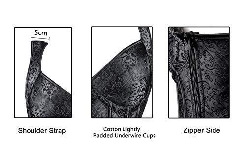 Kimring Women's Gothic Retro Jacquard Peasant Shoulder Straps Boby Shaper Tank Bustiers Overbust Corset With Lightly Cup Black X-Large #TOP4