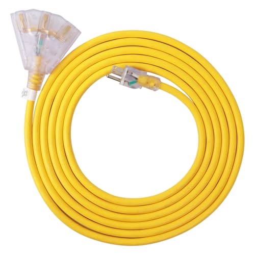 EP 50 Ft Lighted Outdoor Extension Cord with 3 Electrical Power Outlets - 14/3 SJTW Heavy Duty Yellow Extension Cable with 3 Prong Grounded Plug - Power Cord for Lawn Garden Appliances