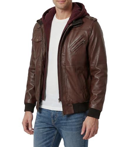 Image of Decrum Mens Leather Jacket - Detachable Hood Stylish Real Lambskin Leather Bomber Jacket Men