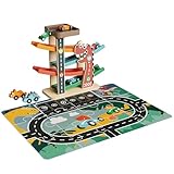 Montessori Car Ramp Toy for Toddlers 1 2 3 Year Old Wooden Dinosaur Race Track with 6 Cars & Parking Garage Kids Play Cars & Race Cars Birthday for 1-3 Boys Girls Baby Motor Skills Toy