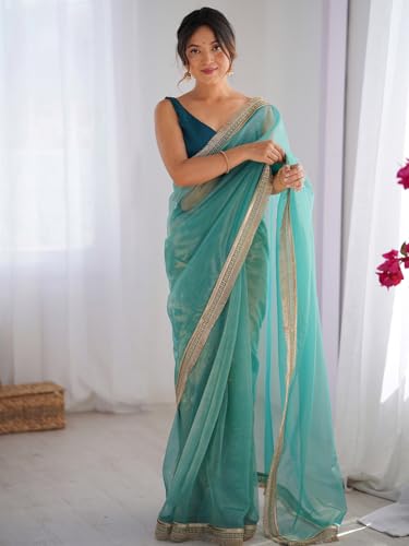 Image of AKHILAM Women's Shimmer Net Solid Saree With Unstitched Blouse Piece