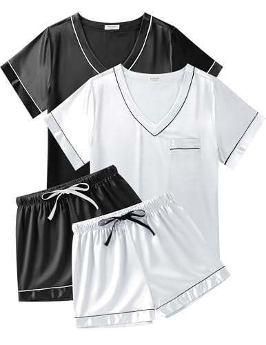 Ekouaer 2 Pack Silk Pajamas for Women Short Sleeve Satin Pj Set Soft V neck Sleepwear Loungewear Black+White, M