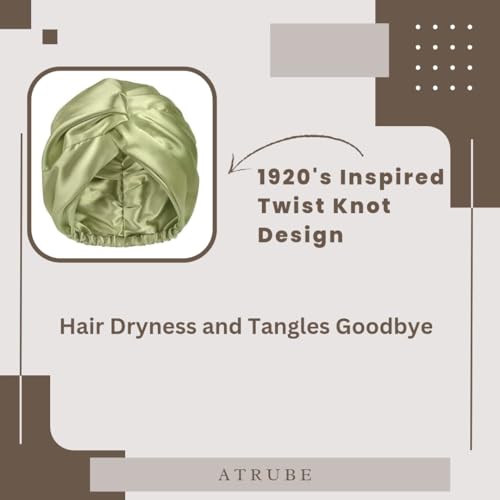 Image of Atrube's Silk Satin Hair Bonnet Reversible Sleep Cap with adjustable tie band Shower Cap, Reusable waterproof elastic bathroom cap And Scrunchies Silk bonnet for hair (Green)