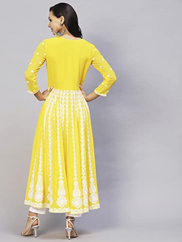 Image of ANNI Designer Women's Georgette Regular Fit Anarkali Chikankari Embroidered Calf Length Kurta Dress