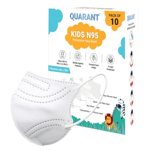 QUARANT Kids N95 Face Mask for Boys & Girls with Reusable Travel Pouch, Suitable for Children Aged 4 to 12 Years (White, Pack of 10)