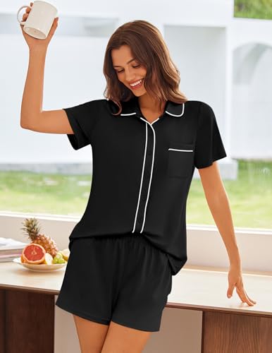 Image of Ekouaer Womens Pajama Sets Button Down Lounge Set 2 Piece Loungewear Soft Sleepwear Short Sleeve Pjs with Pockets