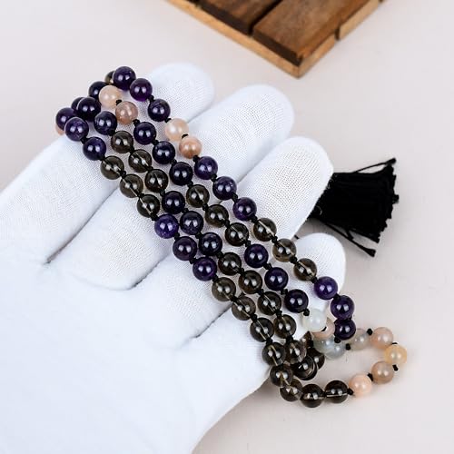 Collier Mala 108 perles améthyste quartz fumé pierre de lune lithothérapie