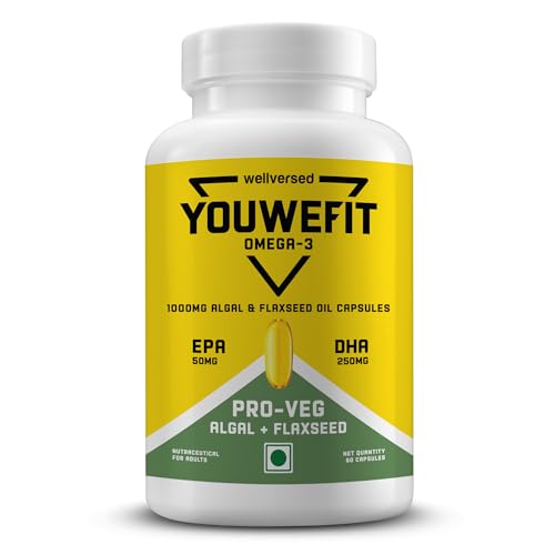 Image of YouWeFit Pro-Vegetarian Omega 3 Capsules 1000mg 60 Capsules | 250mg DHA 200mg ALA & 50mg EPA | Algal Oil + Flaxseed Oil Formula | Astaxanthin Curcumin & Selenium | Heart Brain Joint & Recovery Support
