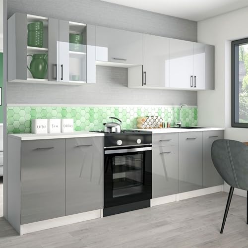 roe furniture Küchenzeile ohne Elektrogeräte - Modern Einbauküche 260 cm - Küche Komplett Leco - Küchenblock - Geräumige Singleküche - Küchenmöbel Komplett Grauer Hochglanz & Weiße Arbeitsplatte