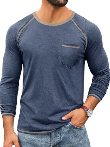 Runcati Mens Crewneck Shirts Long Sleeve Casual Basic T-Shirt Lightweight Vintage Tee Tops with Pocket