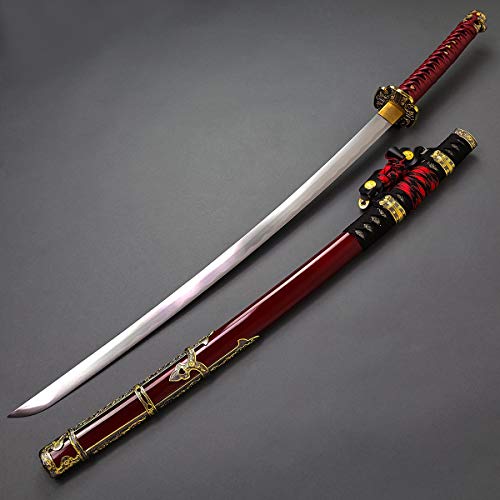Musha Ceremonial Jintachi Hand Forged Japanese Katana Samurai Sword - 1045 High Carbon Steel Full Tang Blade for Collection, Gift, Straw Mat Cutting Practice (Burgundy)