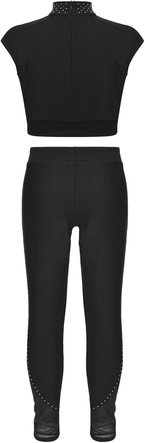 JanJean Kids Girls 2Pcs Dance Tracksuit Sleeveless Shiny Crop Top with Athletic Leggings for Skating Dance Gymnastics