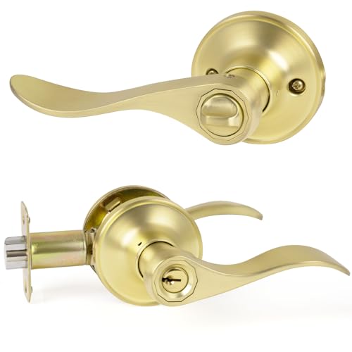 HOSOM 1 Pack Entry Door Handle Exterior with Lock and Key, Exterior Door Lever for Secure Front Entrance and Bedroom. Heavy Duty Satin Brass Keyed Door Handle, Gold Door Lever Handle