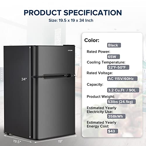 Haddockway Mini Fridge With Freezer,3.2 Cu.ft Compact Refrigerator With Adjustable Thermostat And Reversible Door,2 Door Mini Fridge For Bedroom,Office,Apartment,Energy Saving And Low Noise (Black) #TOP1