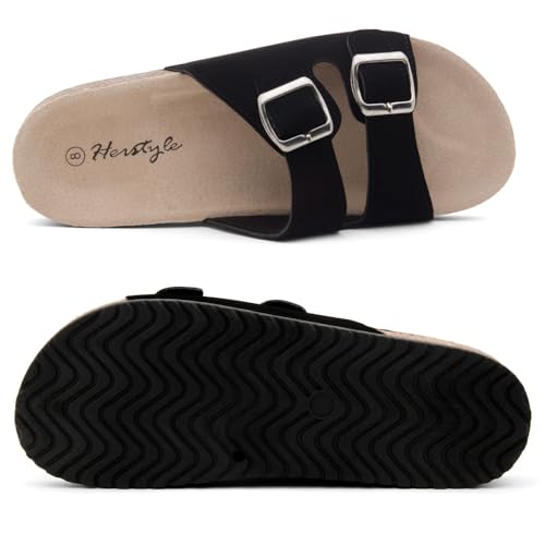Image of Herstyle Womens Cork Footbed Slides for Women, Double Strap Flat Sandals, Adjustable Buckle Comfort Slip On Shoes, Summer Beach Casual Walking Slippers